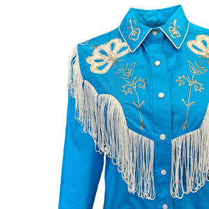 Rockmount Ranch Wear Women's Vintage Western Shirt White Fringe Turquoise Front 