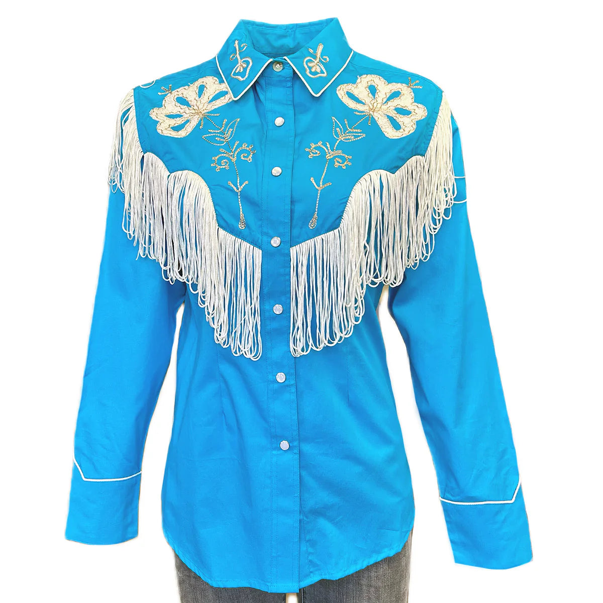 Rockmount Ranch Wear Women's Vintage Western Shirt White Fringe Turquoise Front