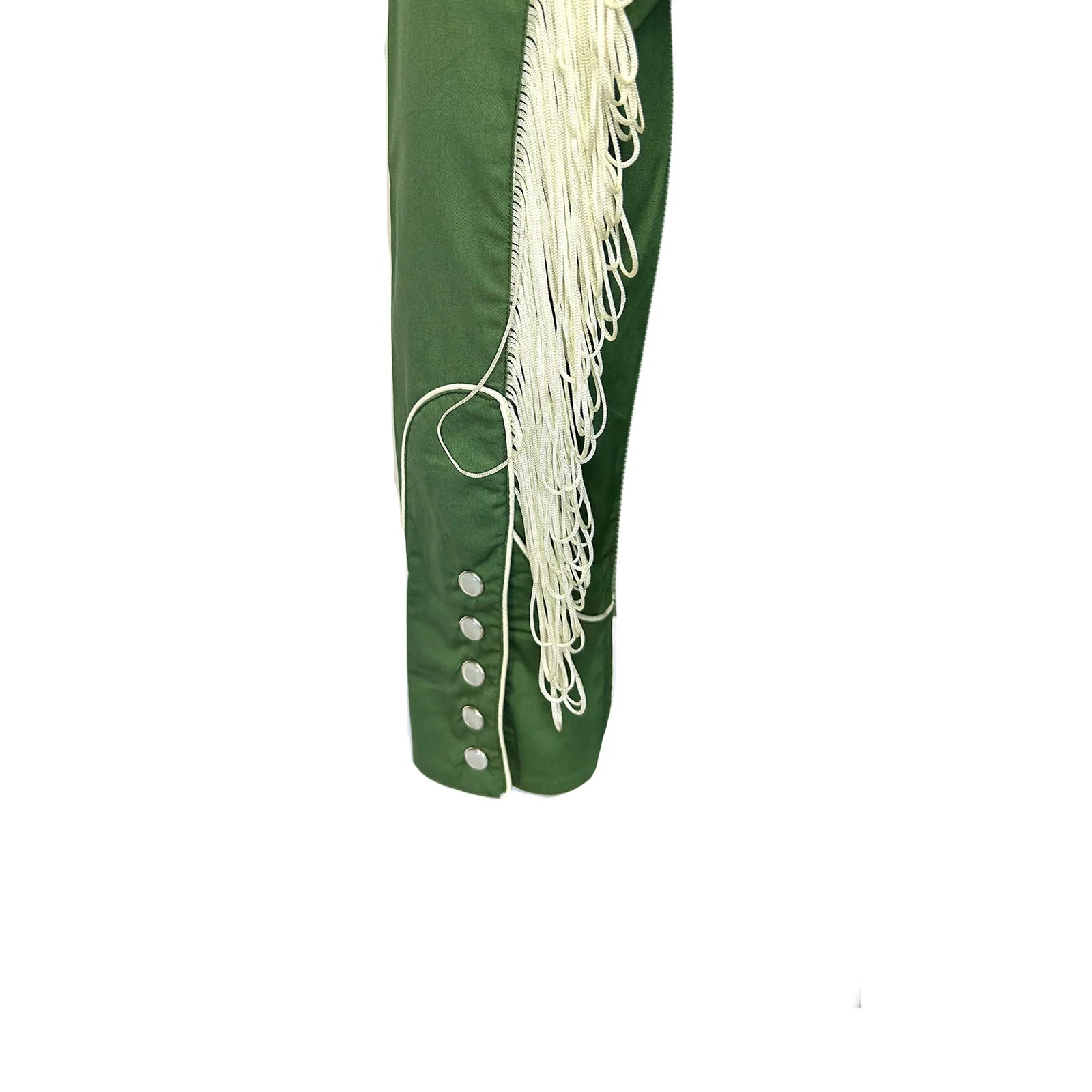 Green sleeve with white fringes and snaps.