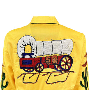Rockmount Ladies' Western Vintage #7755 Palm Trees Wagon Wheels Shirt Gold Back