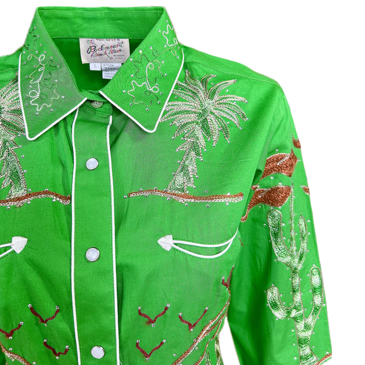 Rockmount Ranch Wear Ladies' #7755 Palm Trees Wagon Wheels Shirt Green Front