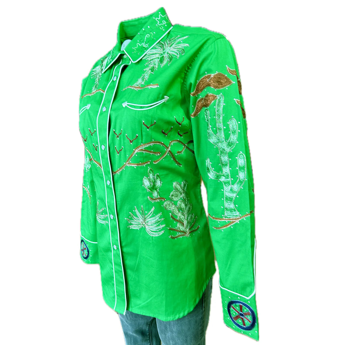 Rockmount Ranch Wear Ladies' #7755 Palm Trees Wagon Wheels Shirt Green Front