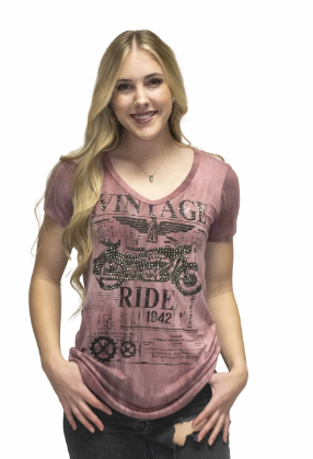 Liberty Wear Women's T-Shirt Vintage Ride Mineral Wash Burgundy Front View