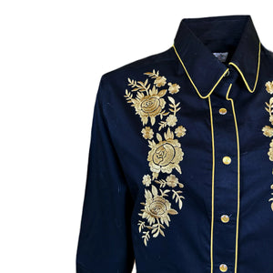 Rockmount Ranch Wear Women's Vintage Inspired Western Shirt with Gold Floral Embroidery Front