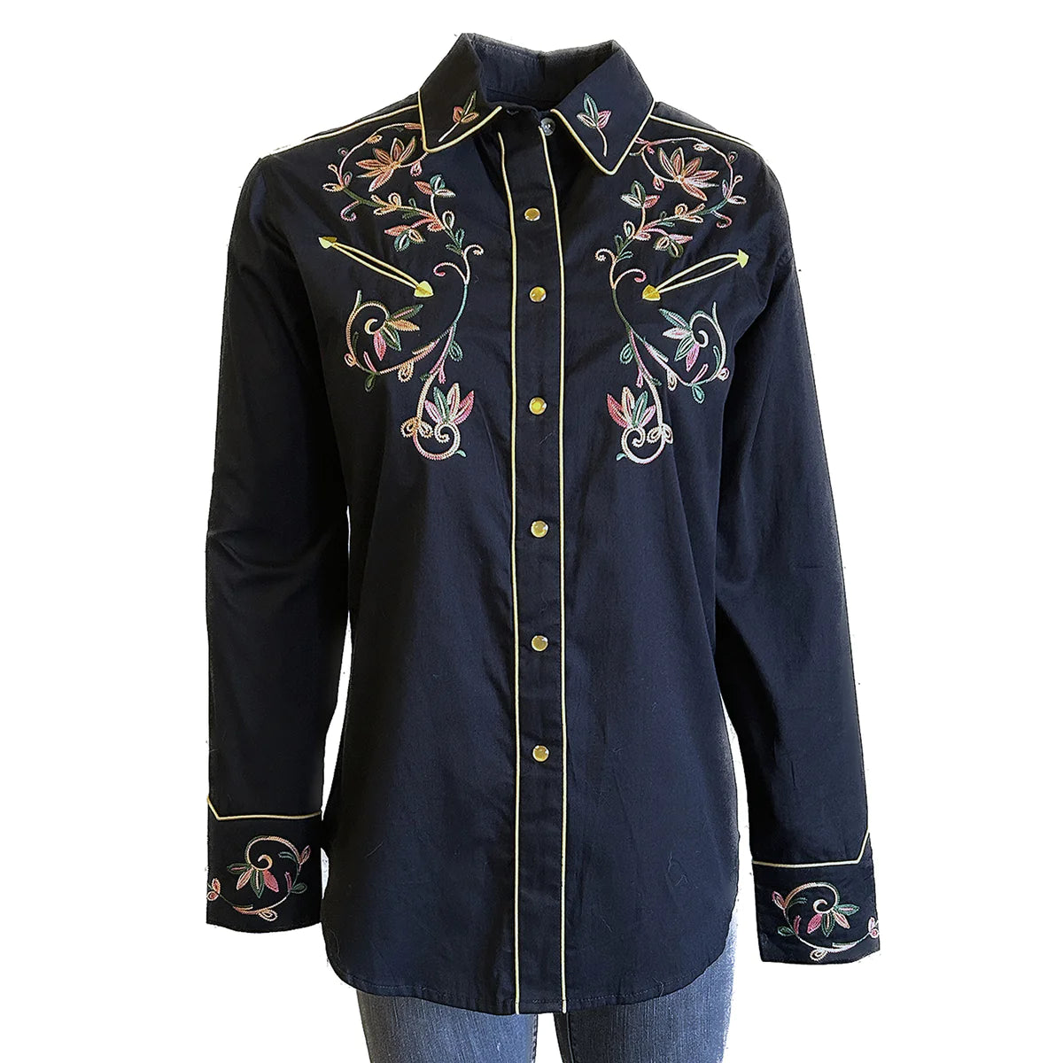 Rockmount Ranch Wear Women's Shirt Variegated Floral on Black Front