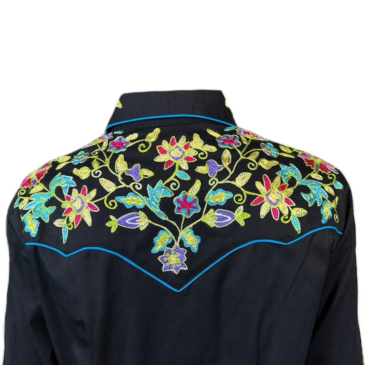 Vintage Inspired Western Shirt Ladies Rockmount Floral Embroidery Black Front