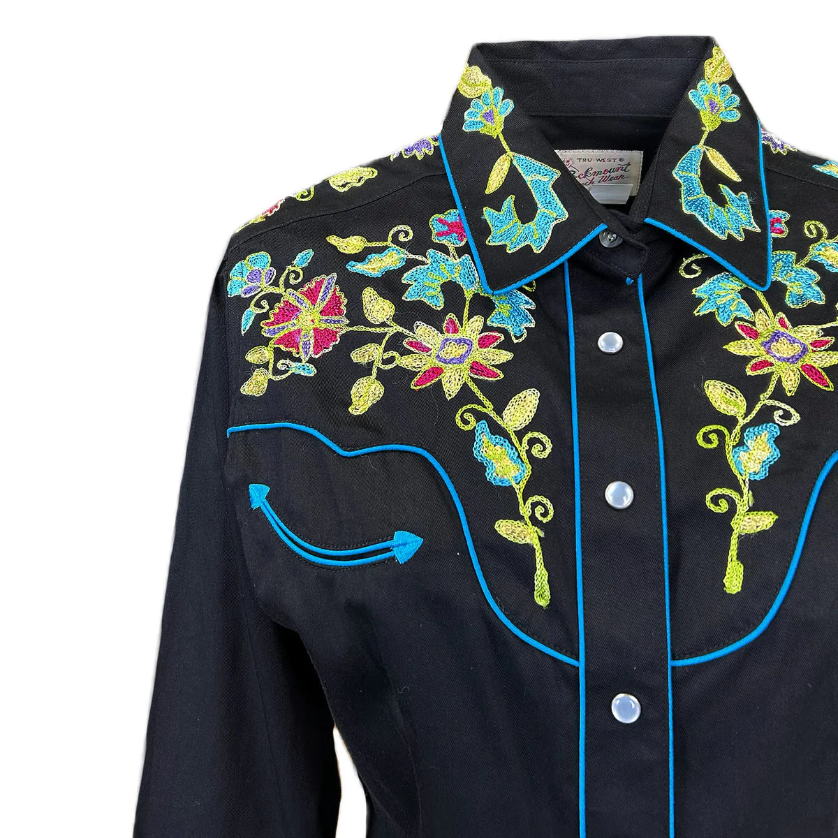 Vintage Inspired Western Shirt Ladies Rockmount Floral Embroidery Black Front