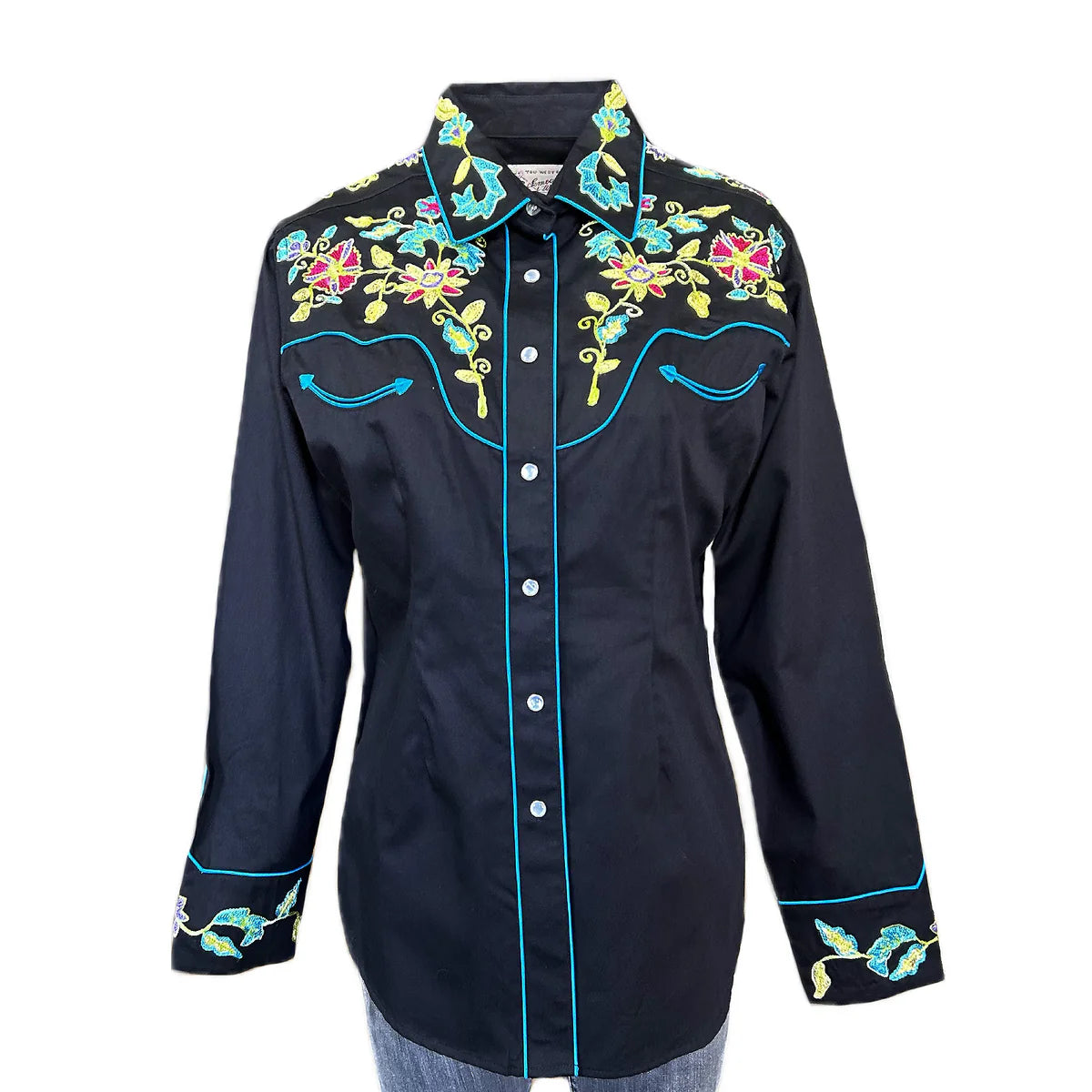 Vintage Inspired Western Shirt Ladies Rockmount Floral Embroidery Black Front