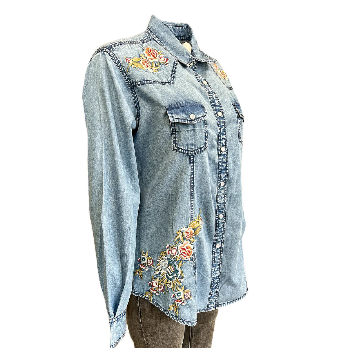 Denim shirt with floral embroidery Front