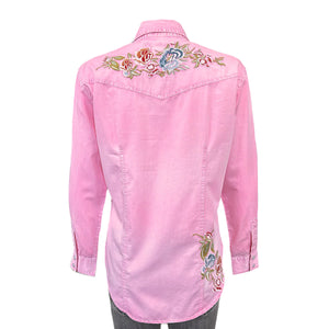 Pink denim shirt with floral embroidery Back