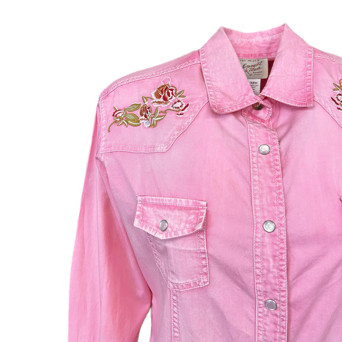 Pink denim shirt with floral embroidery Front