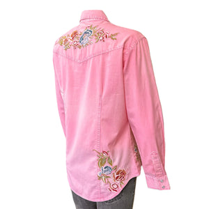 Pink denim shirt with floral embroidery Back