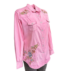 Pink denim shirt with floral embroidery Front