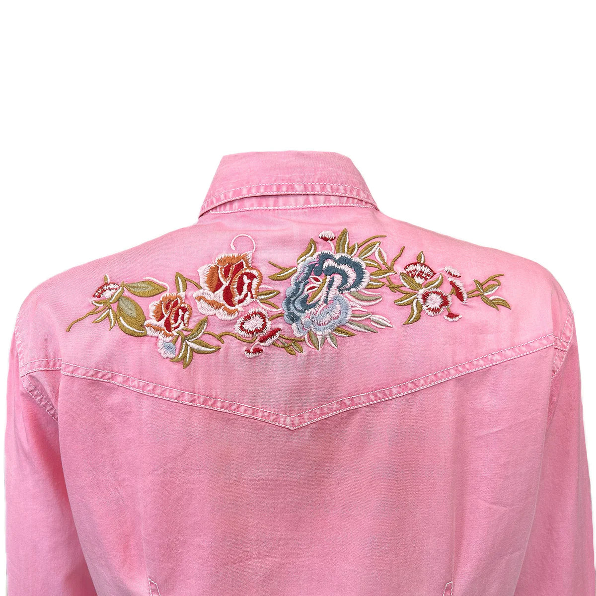 Pink denim shirt with floral embroidery on Back