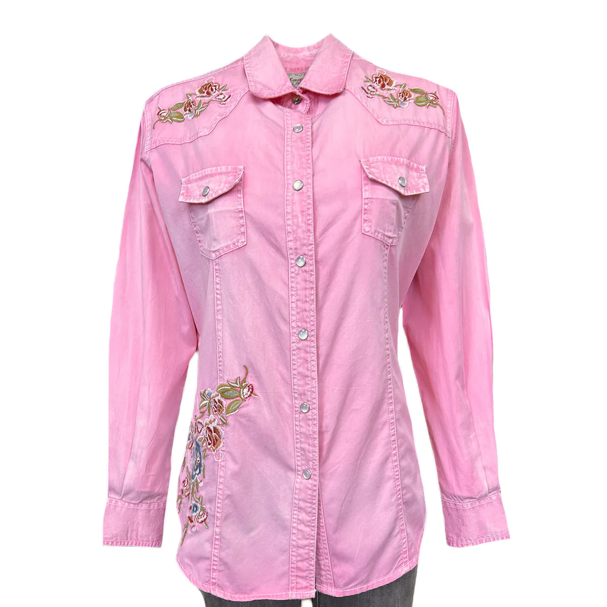 Pink denim shirt with floral embroidery Front