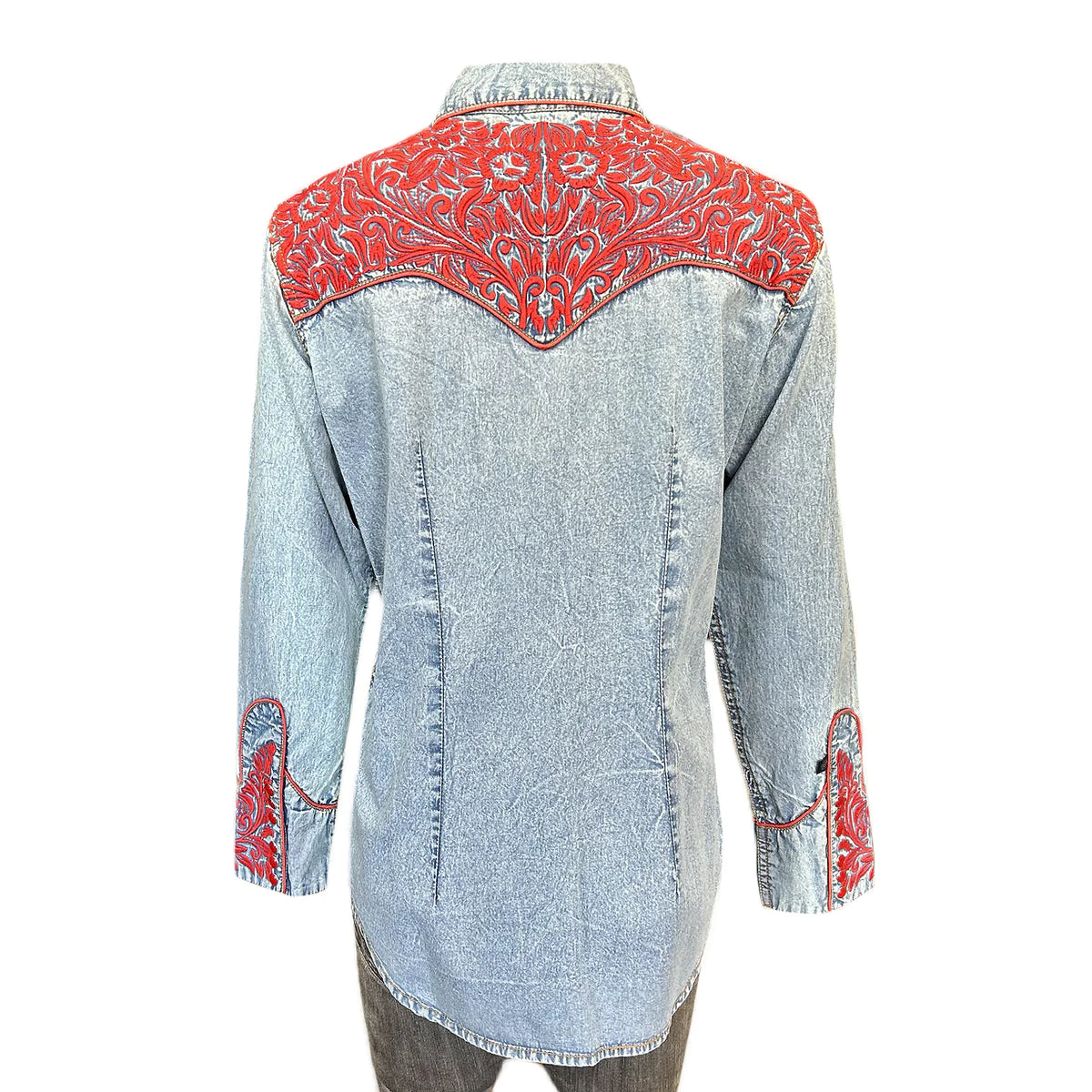 Rockmount Ranch Wear Womens Vintage Western Shirt Embroidered Tooling Denim on Mannequin Front