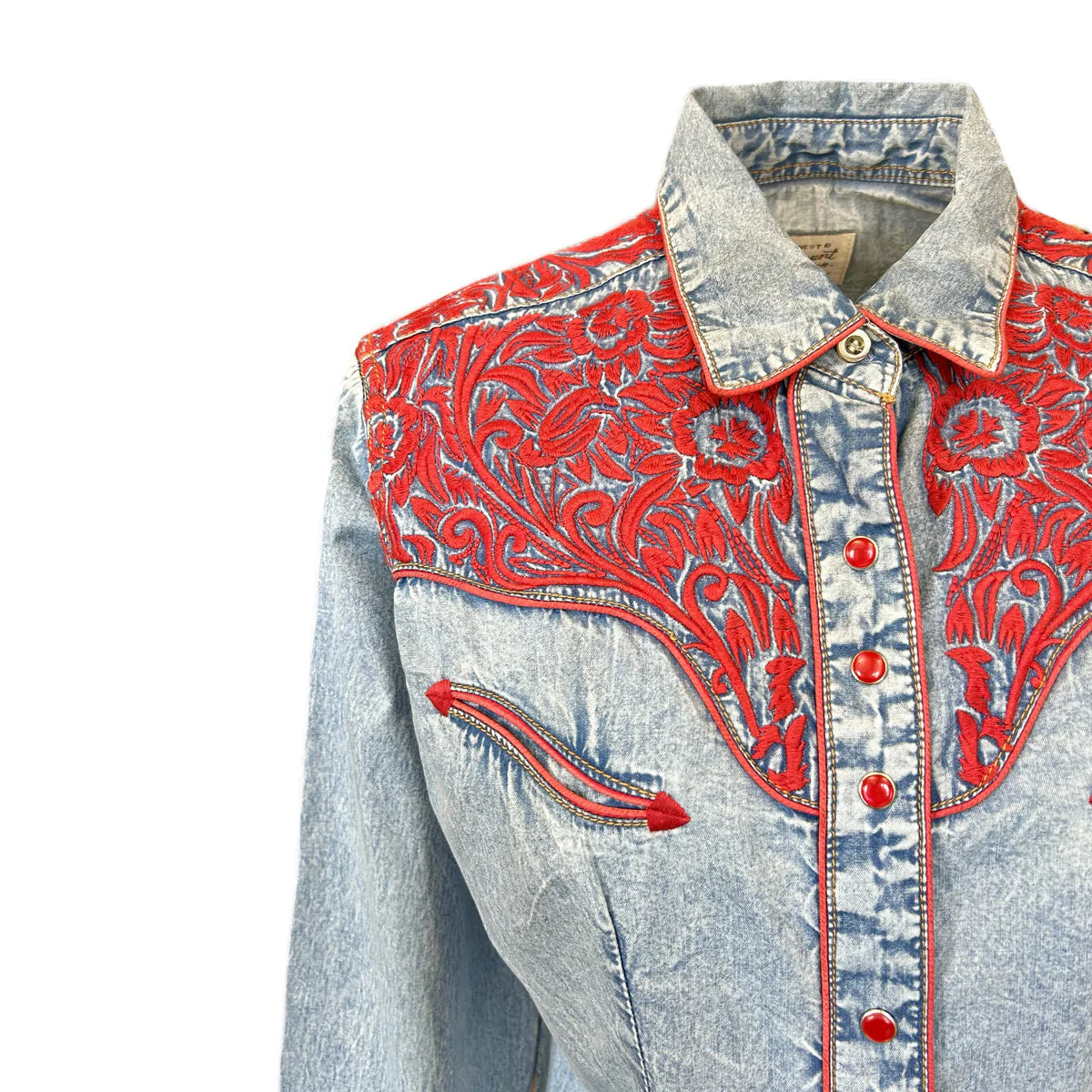 Rockmount Ranch Wear Womens Vintage Western Shirt Embroidered Tooling Denim Front