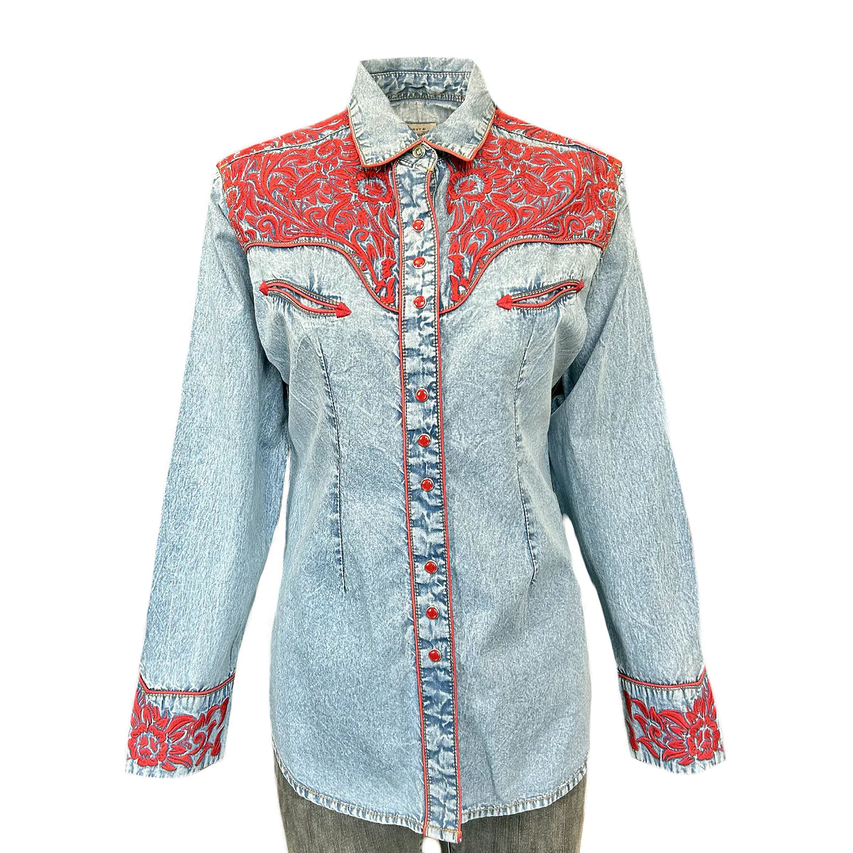 Rockmount Ranch Wear Womens Vintage Western Shirt Embroidered Tooling Denim on Mannequin Front