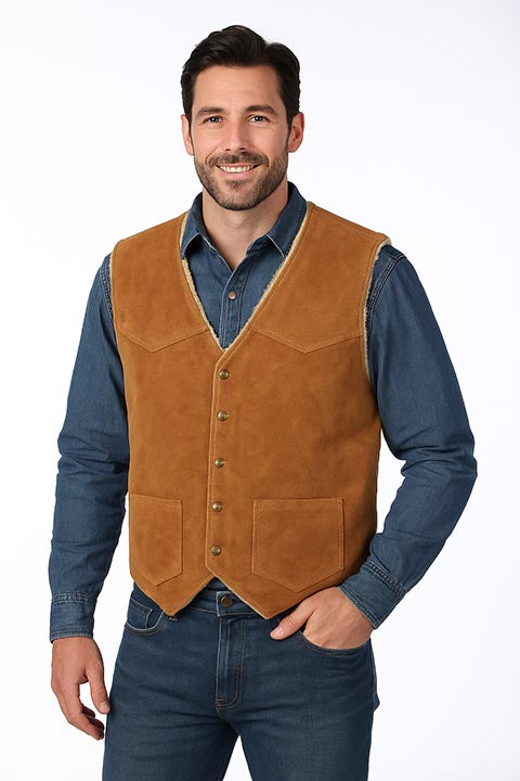 Scully Men's Old West Suede Hunting Vest with Faux Fur Shearling Lining Cafe Brown Front