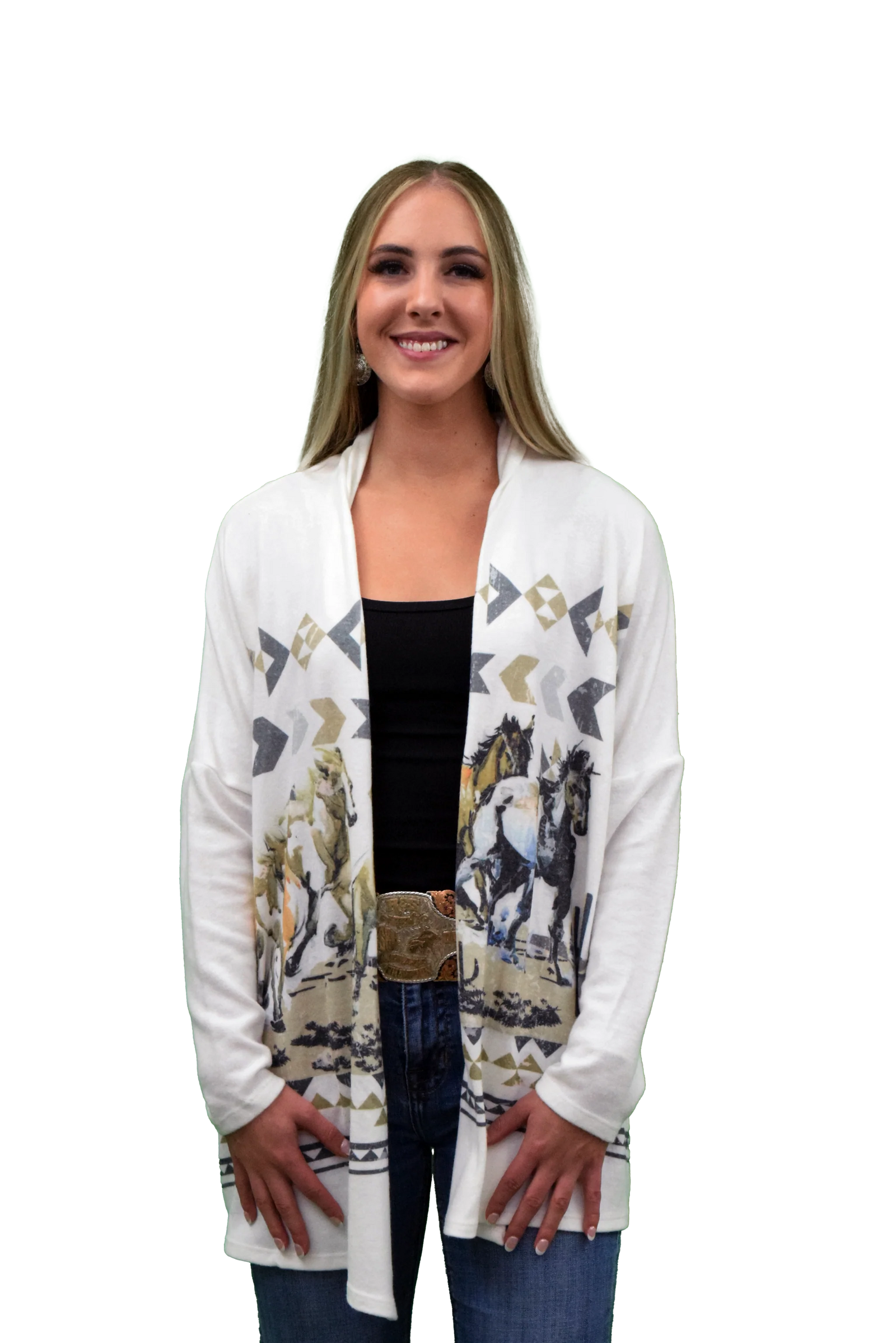 Liberty Wear Ladies' Cardigan Desert Horses Front