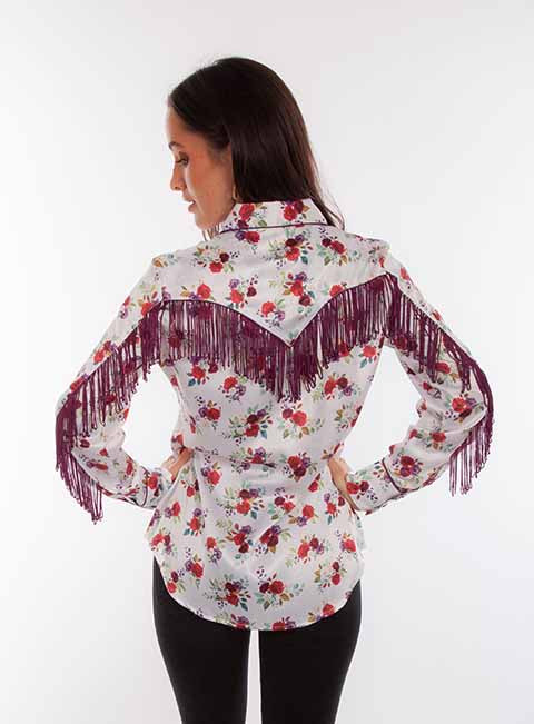 Scully Ladies' Honey Creek Red Floral Fringe Shirt Front