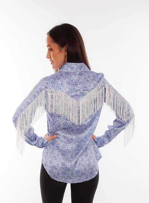 Scully Ladies' Honey Creek Blue Floral Fringe Shirt Front