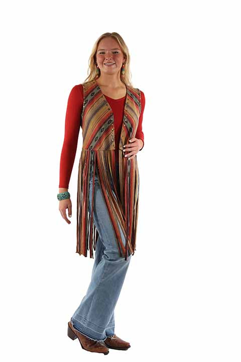 Scully Honey Creek Ladies' Print Serape Vest Fringe Front