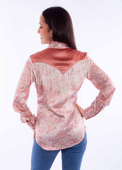Scully Ladies' Honey Creek Peach Print Fringe Shirt Front