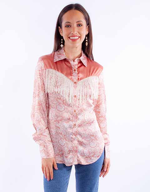 Scully Ladies' Honey Creek Peach Print Fringe Shirt Front