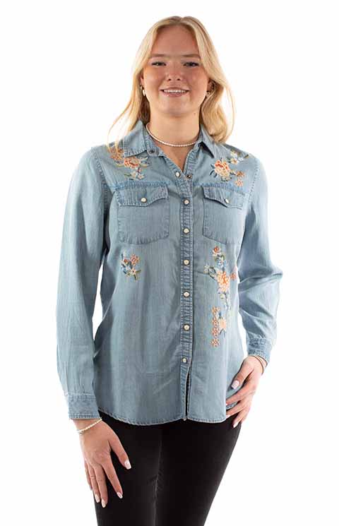Scully Ladies' Honey Creek Floral Embroidery Blue Front