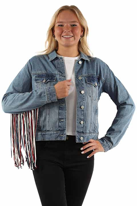 Scully Ladies' Honey Creek Denim Jacket Red White Blue Fringe Front