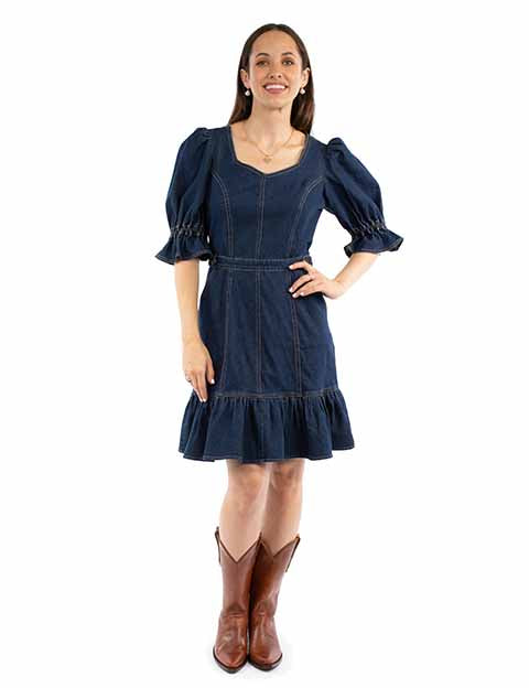 denim and lace dress Blue Frilly Square Neck Bustier Puff Sleeve Short Denim Dress main image 1