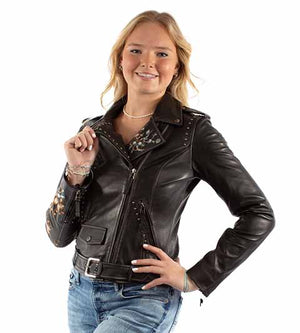 Scully Ladies' Leather Motorcycle Jacket with Embroidery and Studs Front