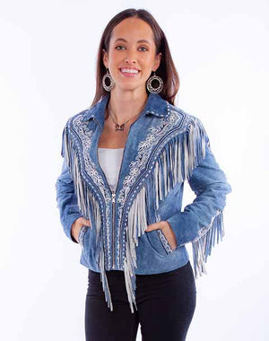 Women's Leather Jacket Collection Suede: Scully Western Fringe Zip Front Blue