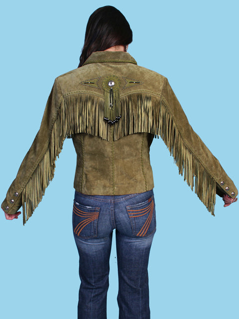 Scully Women's Suede Jacket with Fringe, Conchos, Beads Olive Back