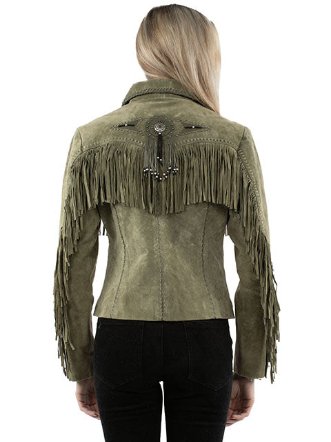 Scully Women's Suede Jacket with Fringe, Conchos, Beads Olive Back