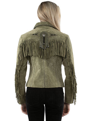 Scully Women's Suede Jacket with Fringe, Conchos, Beads Olive Back