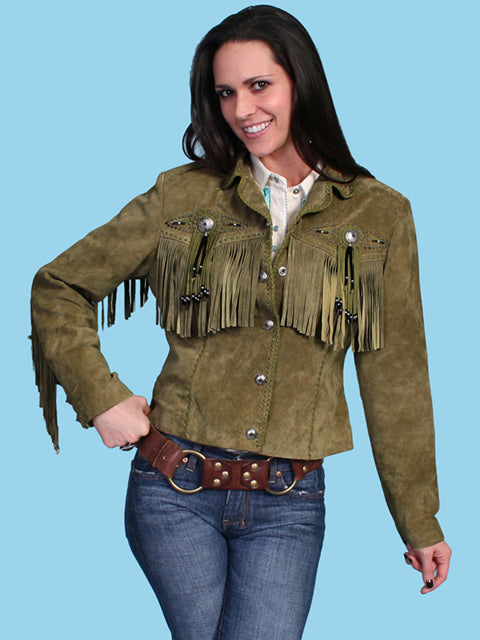 Scully Women's Suede Jacket with Fringe, Conchos, Beads Olive Front