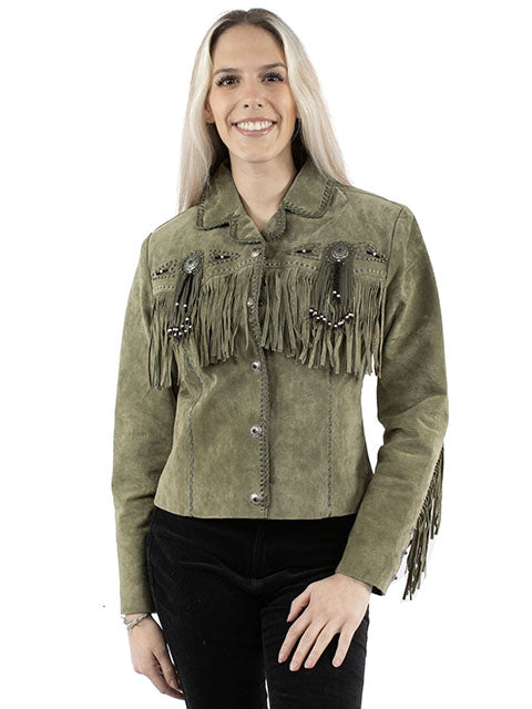 Scully Women's Suede Jacket with Fringe, Conchos, Beads Olive Front