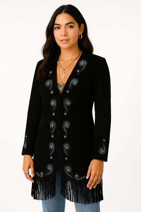 Scully Women's Suede Coat with Embroidery, Studs, Turquoise Accents Black Front View