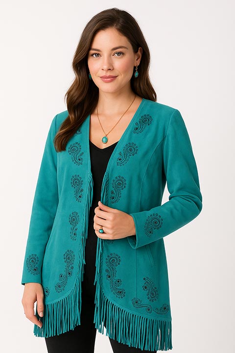 Scully Women's Suede Coat with Embroidery, Studs Accents Turquoise Front