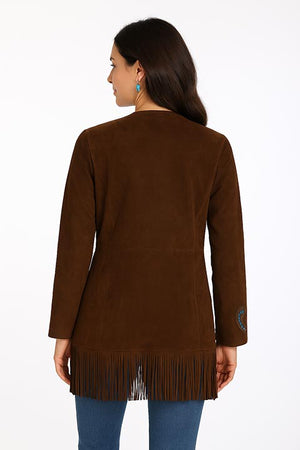 Scully Women's Suede Coat with Embroidery, Studs, Turquoise Accents Brown Back View