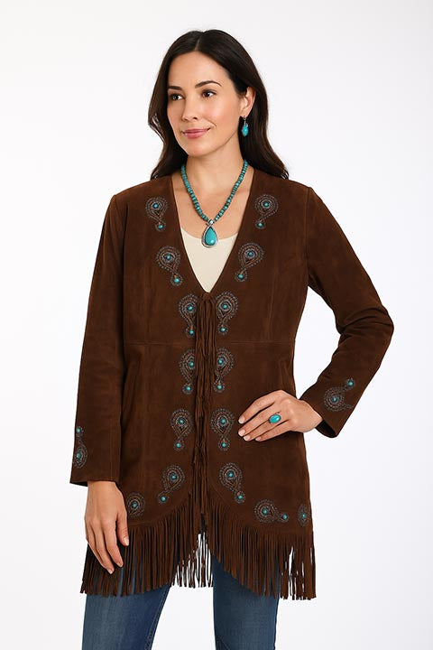 Scully Women's Suede Coat with Embroidery, Studs Accents Turquoise Front