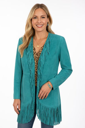 Scully Women's Western Maxi Coat with Abundant Fringe Turquoise Front