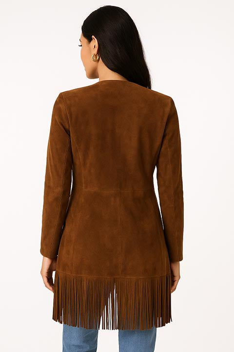 Scully Women's Western Maxi Coat with Abundant Fringe Cinnamon Front