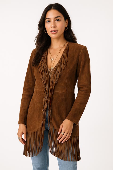 Scully Women's Western Maxi Coat with Abundant Fringe Cinnamon Front