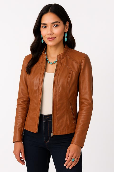 Scully Ladies' Leather Jacket with Stand Up Collar Vintage Brown Front