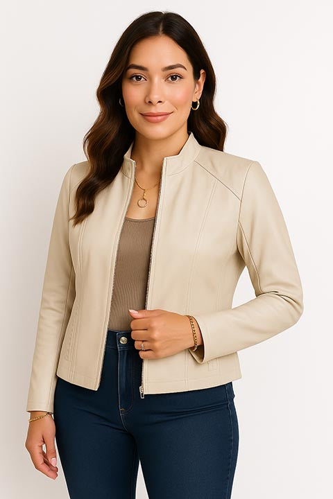 Scully Ladies' Leather Jacket with Stand Up Collar Vanilla Front