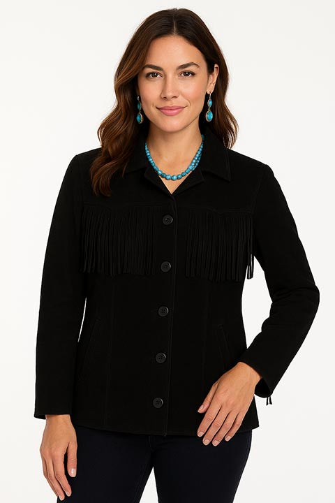 Scully Women's Suede Jacket with Fringe Black Front