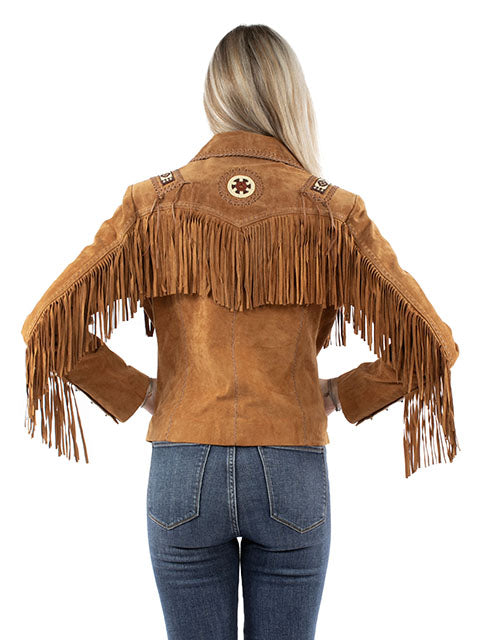 cully Ladies' Leather Suede Fringe Jacket with Beads and Hand Lacing Bourbon Back